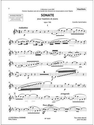 Sonate - Hautbois et Piano - SAINT-SAËNS - Partition - Hautbois
